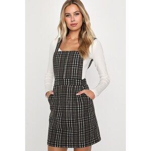 Lulus Plaid To Be Yours Black And White Plaid Pinafore Mini Dress Taupe - Size S